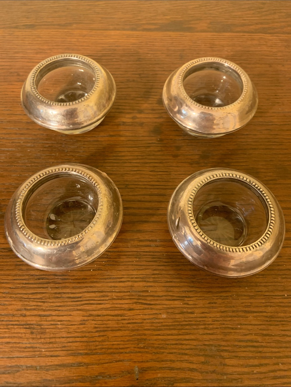 Set of 4 Sterling Silver Glass Ring Salt Cellars/Candle Holders